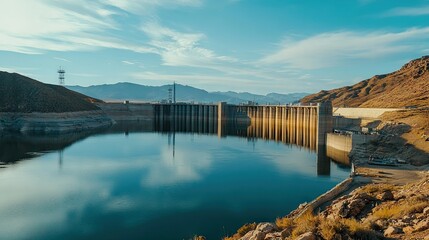 Obraz premium A high-altitude shot of a dam with clear skies and reflective water, perfect for overlaying text in the open areas.