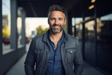 Fototapeta premium Portrait of a happy man in his 40s sporting a rugged denim jacket isolated in sophisticated corporate office background