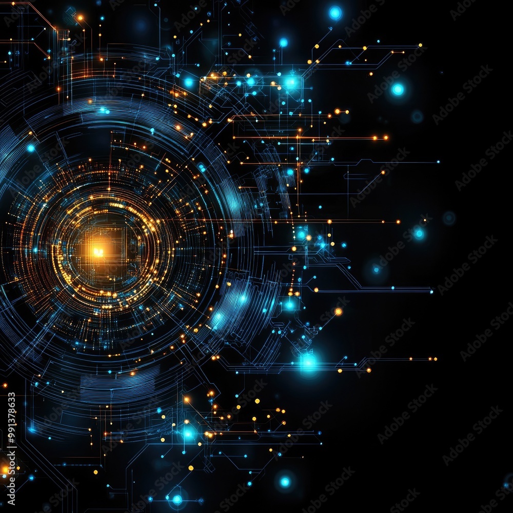 Wall mural futuristic digital abstract design featuring bright lights and intricate patterns, perfect for techn