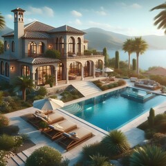 Fototapeta premium House Villa with Pool in Mediterranean Style in the South of Europe Wallpaper Background.