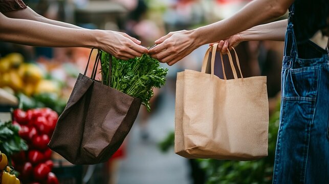Two people exchanging fresh produce at a market, highlighting community and healthy eating.