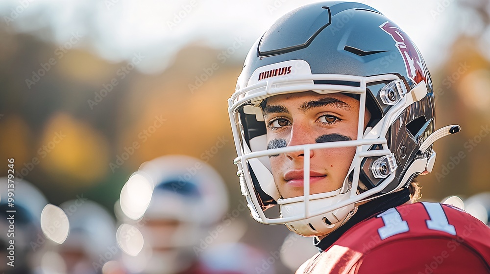 Aufkleber a portrait of a star quarterback standing confidently on the field with teammates in the background 