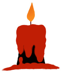 This image shows a red, melting candle with an orange flame. The wax is dripping down, creating a spooky atmosphere, often associated with Halloween or haunted settings