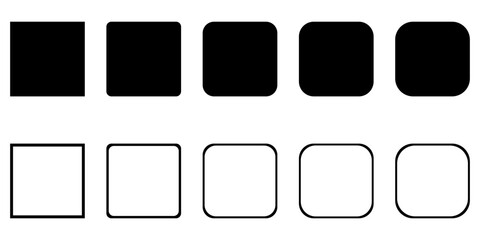 Set of square icons – Black vector squares in various styles – Rounded squares – Flat and outline shapes isolated on a transparent background