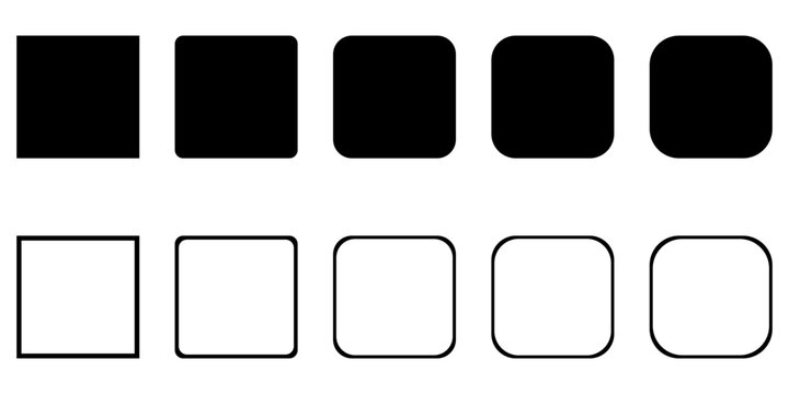 Set of square icons – Black vector squares in various styles – Rounded squares – Flat and outline shapes isolated on a transparent background