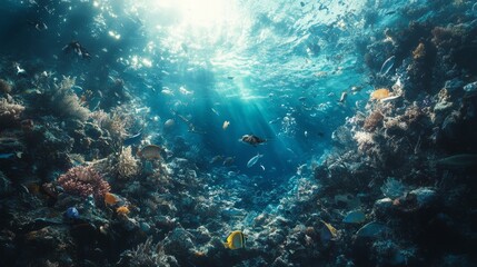 Fototapeta premium Underwater scene showcasing vibrant marine life and coral reefs illuminated by sunlight.