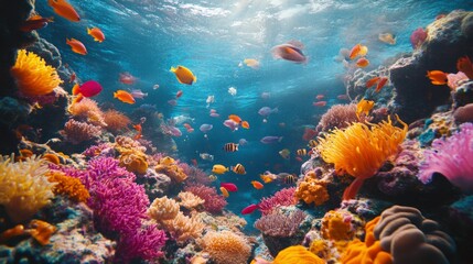 Vibrant underwater scene showcasing colorful coral reefs and diverse fish species.