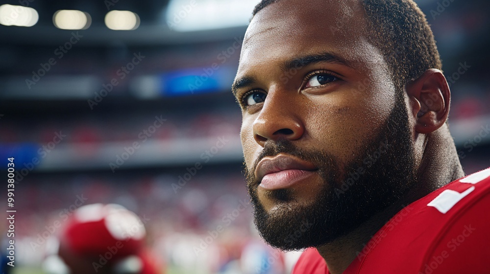 Aufkleber A profile shot of a star running back on the sideline looking focused and determined as he prepares to re-enter the game Large space for text in center Stock Photo with copy space