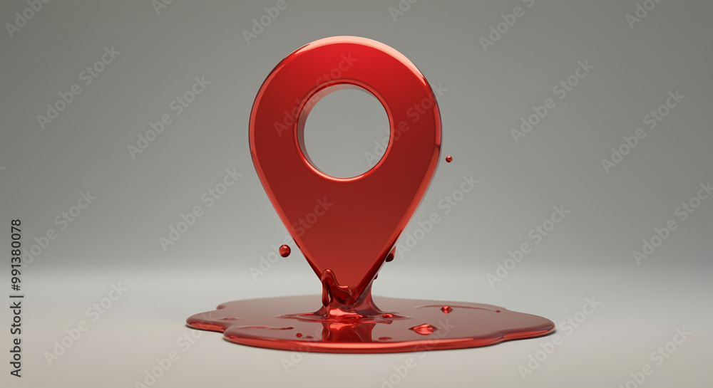 Poster map pin with glossy surface and location marker in red liquid
