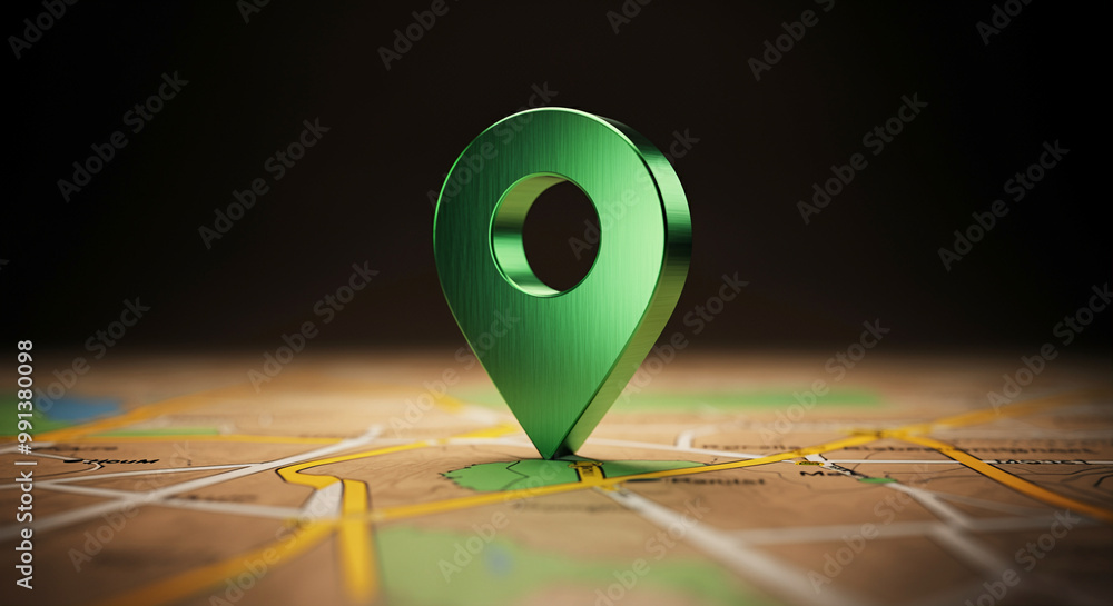 Poster location marker on map highlighting position with green metallic design