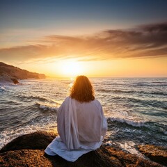 Fototapeta premium Jesus Christ sitting by the sea at sunrise