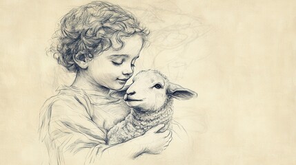 Fototapeta premium Biblical Illustration of Psalms 8: A Child Holding a Lamb with Serene Expression Symbolizing Innocence Praising God on Beige Background