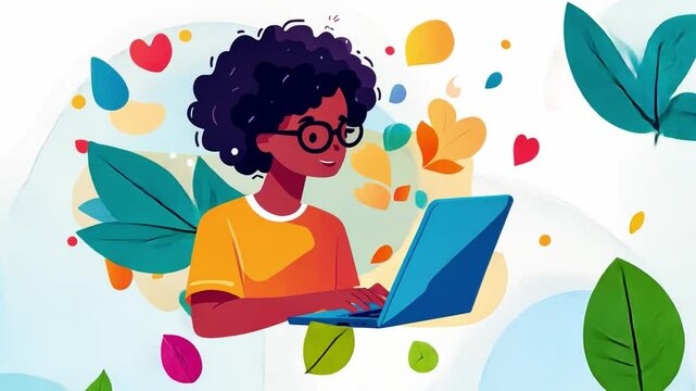 A cartoon woman sitting with a laptop and a notebook, studying and learning about technology and education