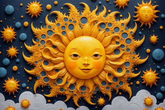 Colorful artistic illustration of a happy smiling sun on a dark background surrounded by little suns and white clouds.