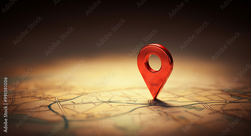 Poster map pin on a location map indicating navigation and exploration with a blurred background