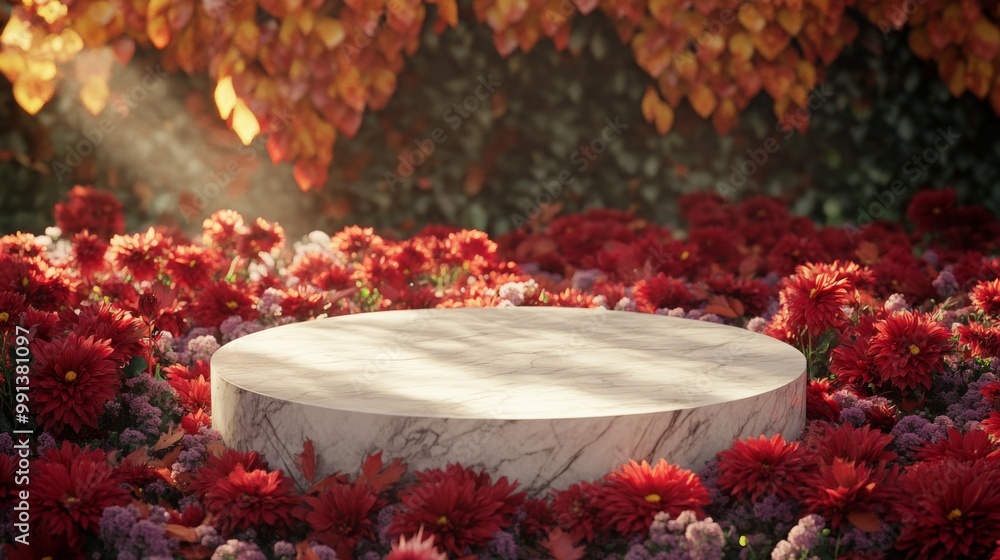 Poster a round, white marble platform is nestled amongst a field of red flowers, with light filtering throu