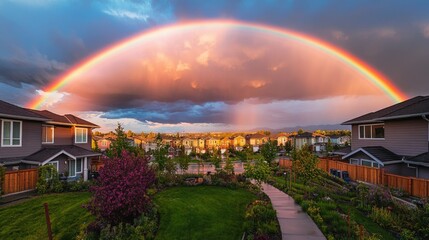 A rainbow framing a suburban neighborhood, with colorful houses and gardens glowing under the vibrant sky after a fresh rain.
