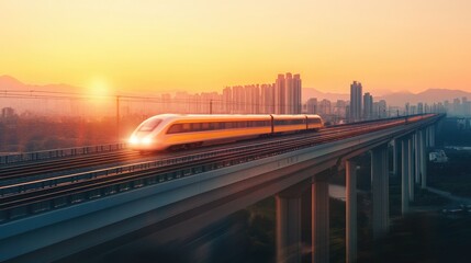 A high-speed train in motion on a bridge with a clear, expansive sky providing ample space for text.