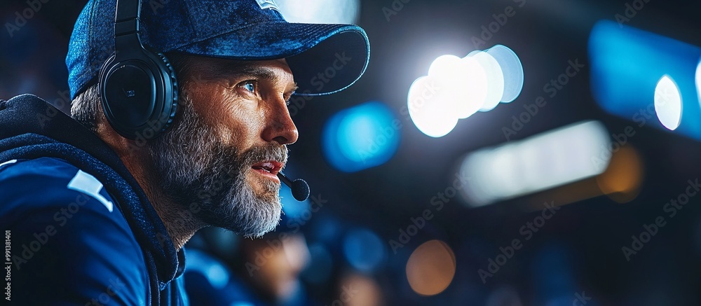 Aufkleber a coach on the sideline with a headset giving instructions to players who are listening intently to 