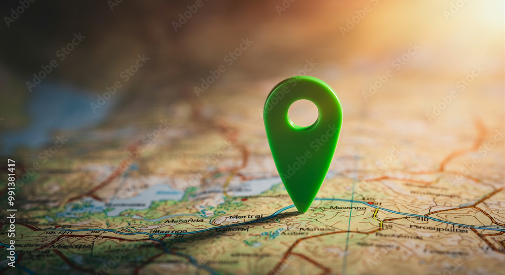 Poster map pin on navigation map with scenic background highlighting travel route