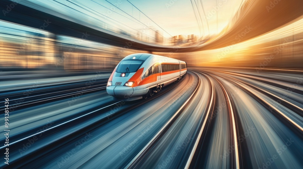 Poster a high-speed train in motion on a curved track with a soft-focus background offering ample room for 