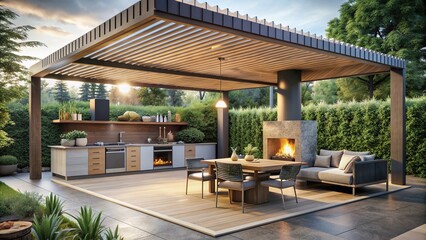 An open kitchen in the backyard with a pergola wood burning stove and fireplace decorated in a modern and elegant style, outdoor living, fireplace, pergola, dining, grill, entertainment