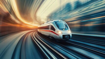 A high-speed train in motion on a curved track with a soft-focus background offering ample room for text.