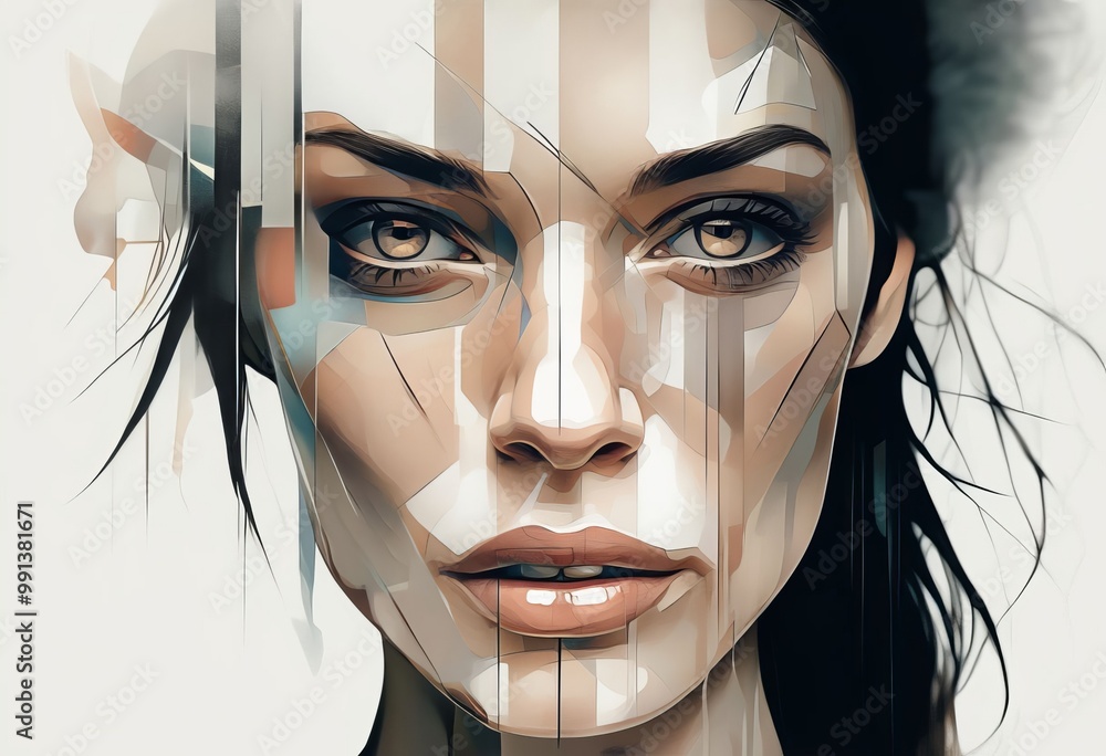 Poster abstract portrait a close up of a womans face with an abstract e