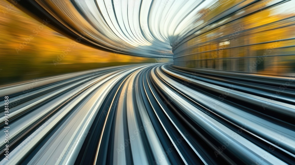 Poster a high-speed train in motion on a curved track with a soft-focus background offering ample room for 