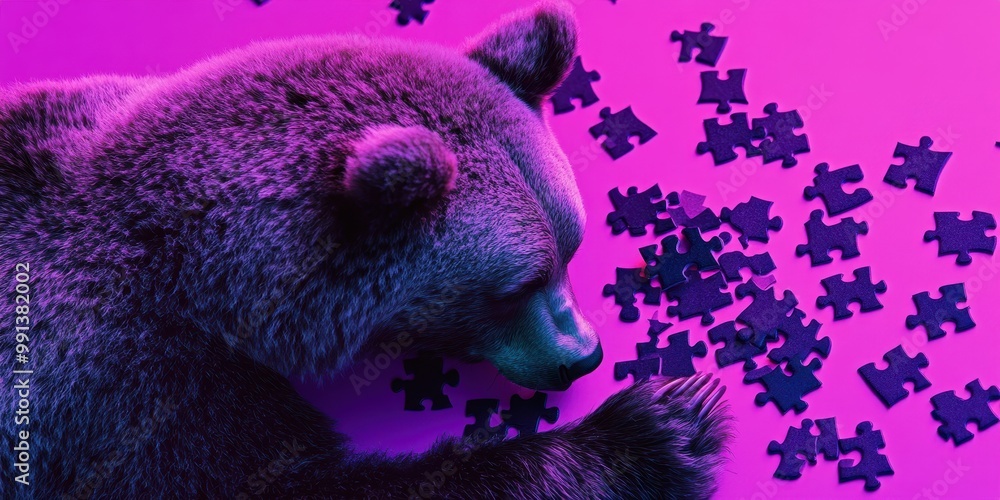 Poster bear assembling a jigsaw puzzle on a colorful surface