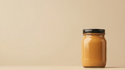 A jar of creamy peanut butter with a simple, clear background offering space for text or design.