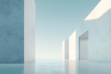 Abstract 3D rendering of minimalist style architectural space scene, mountain and lakeside building