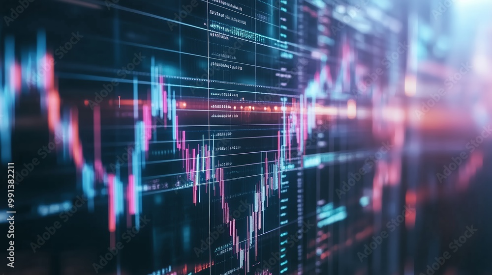 Poster intricate stock market data visualization with trading graphs illuminated in a digital interface at 