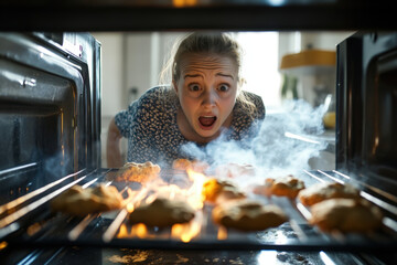 Young woman is staring in shock as her burnt cookies  in the oven