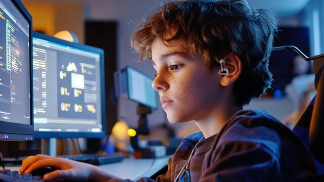 A child playing on a computer in an office setting An individual interacting with a computer screen through the use of eye tracking technology.