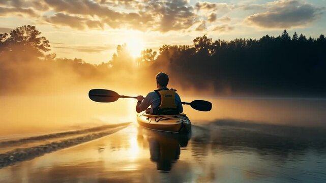 A person with muscular dystrophy enjoying a peaceful kayak ride on a calm lake at dawn, mist rising from the water.