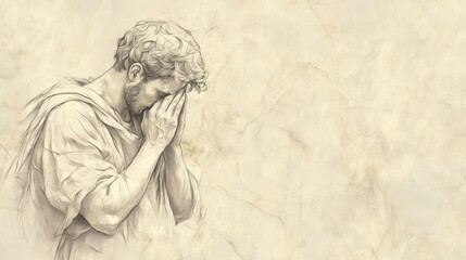 Fototapeta premium Biblical Illustration of Psalms 10: David in Deep Prayer Pleading for God’s Justice as the Cries of the Afflicted Rise to Heaven on Beige Background