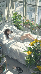 Girl Lying on a Large Bed in a Sunlit Room with Plants
