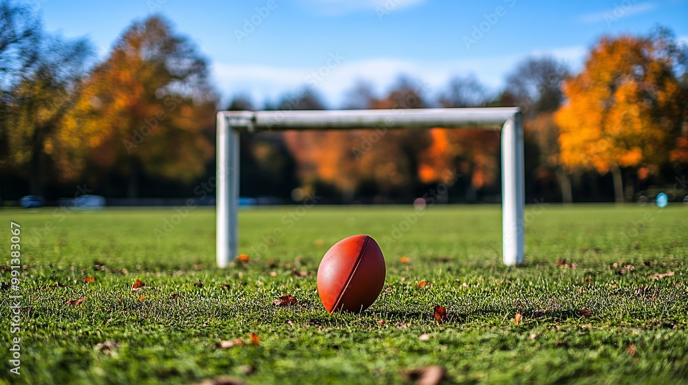Poster A wide-angle shot of a field goal attempt during a tense moment in the game with the football soaring towards the posts Large space for text in center Stock Photo with copy space