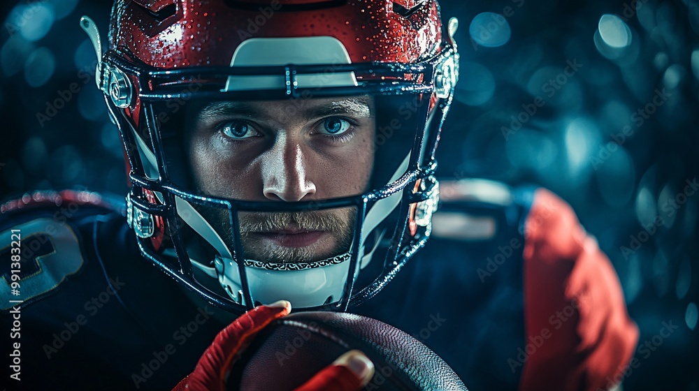 Poster a close-up shot of a lineman gripping the football on the field moments before the snap during a cru