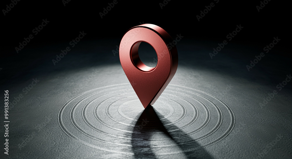 Poster location pin standing on the ground with a shadow showcasing a modern and minimalistic design for ma