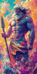 God of the Sea, Tall and Brightly Colored Greek Mythological Figure
