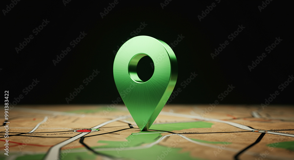 Poster map marker on detailed map showing location features and navigation aspects