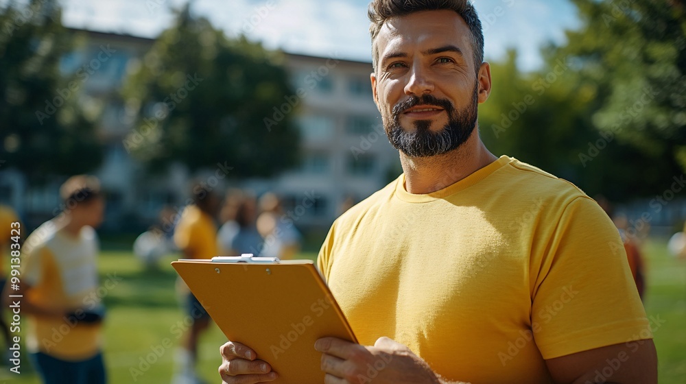 Poster A coach holding a clipboard with a detailed game plan on the sidelines shouting instructions to players on the field Large space for text in center Stock Photo with copy space