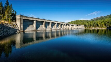 Fototapeta premium A large concrete dam with a clear blue sky above, providing ample copy space for text. The tranquil water below reflects the structure.