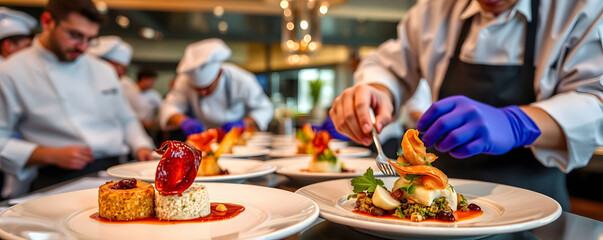 Chefs creating gourmet meals in a fancy restaurant kitchen