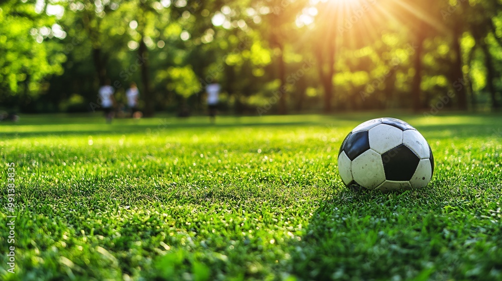 Poster A close-up of a football resting on the grass with players blurred in the background as the game is about to begin Large space for text in center Stock Photo with copy space