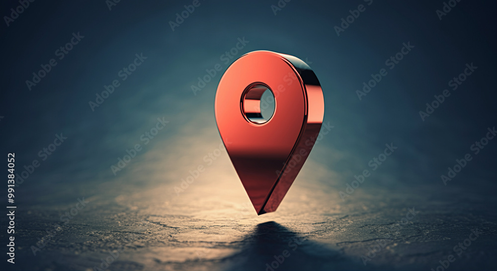 Poster location pin on dark background with reflective surface emphasizing navigation and mapping
