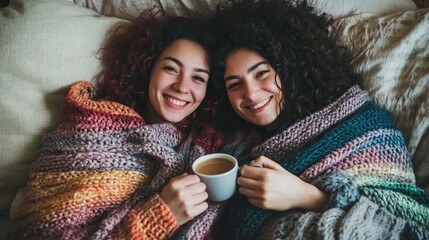 Embracing Love: LGBTQ Couple Enjoying Morning Coffee in Cozy Home Bed Setting