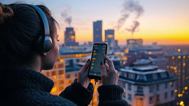 A person with a cochlear implant adjusting settings through a smartphone app, with the cityscape in the background.